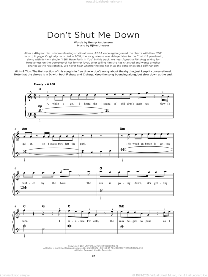 Don't Shut Me Down sheet music for piano solo by ABBA, Benny Andersson and Bjorn Ulvaeus, beginner skill level