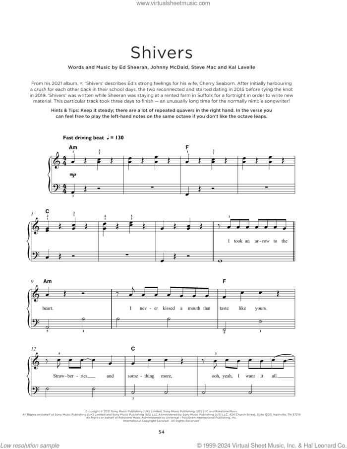 Shivers sheet music for piano solo by Ed Sheeran, Johnny McDaid, Kal Lavelle and Steve Mac, beginner skill level
