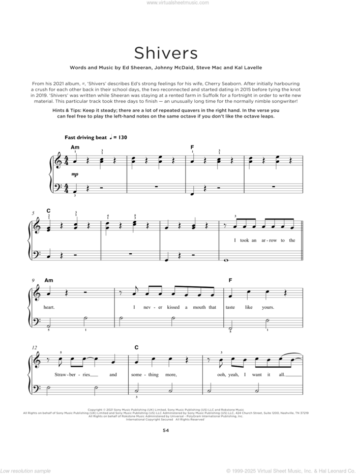 Shivers sheet music for piano solo by Ed Sheeran, Johnny McDaid, Kal Lavelle and Steve Mac, beginner skill level