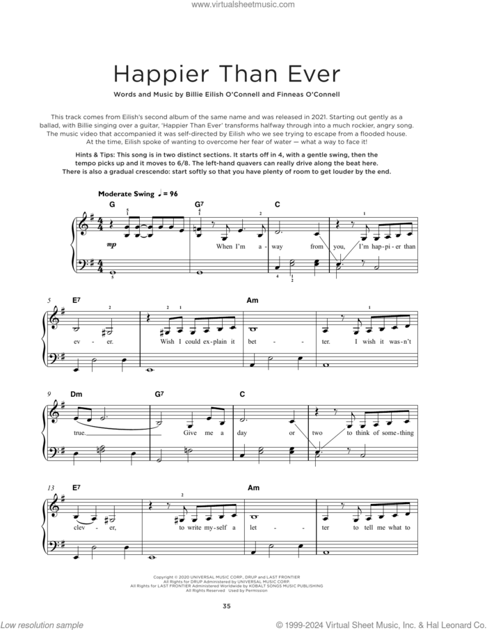 Happier Than Ever, (beginner) sheet music for piano solo by Billie Eilish, beginner skill level