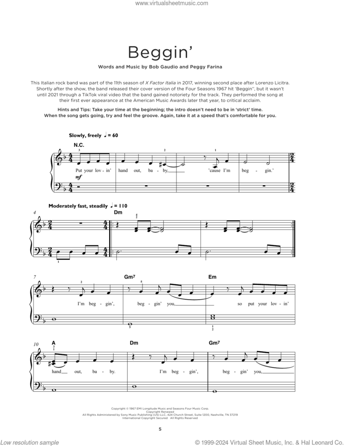 Beggin' sheet music for piano solo by Maneskin, Madcon, The Four Seasons, Bob Gaudio and Peggy Farina, beginner skill level