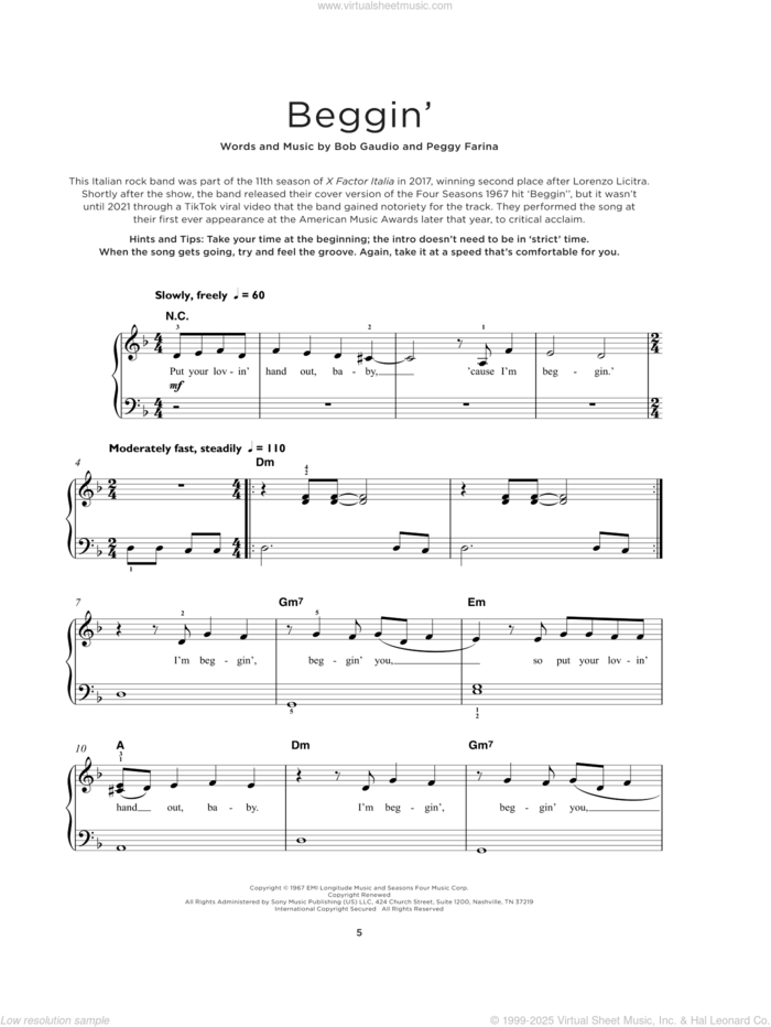 Beggin' sheet music for piano solo by Maneskin, Madcon, The Four Seasons, Bob Gaudio and Peggy Farina, beginner skill level