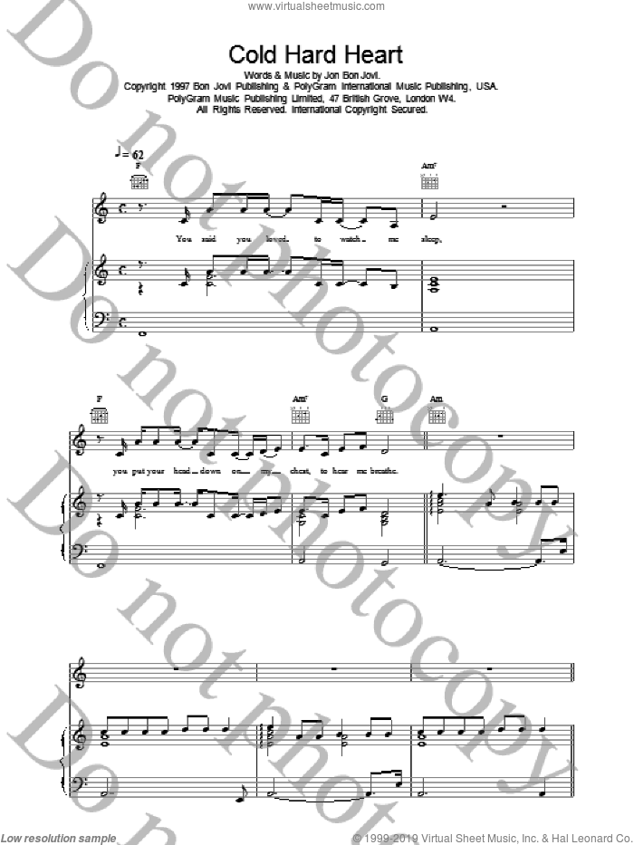 Cold Hard Heart sheet music for voice, piano or guitar by Bon Jovi, intermediate skill level