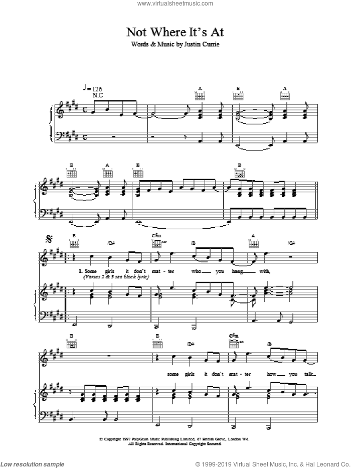 Not Where It's At sheet music for voice, piano or guitar by Del Amitri and Justin Currie, intermediate skill level