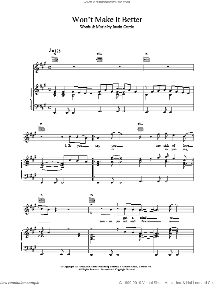 Won't Make It Better sheet music for voice, piano or guitar by Del Amitri and Justin Currie, intermediate skill level