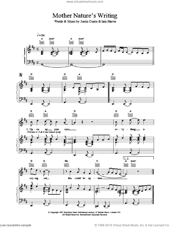 Mother Nature's Writing sheet music for voice, piano or guitar by Del Amitri and Justin Currie, intermediate skill level