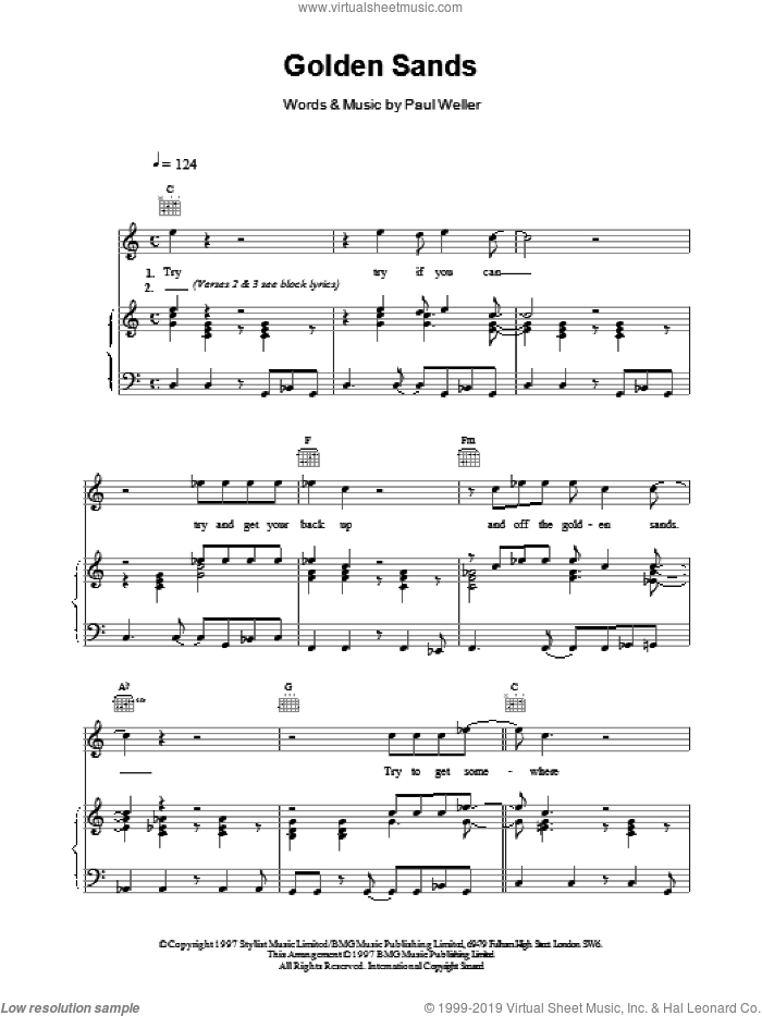 Golden Sands sheet music for voice, piano or guitar by Paul Weller, intermediate skill level