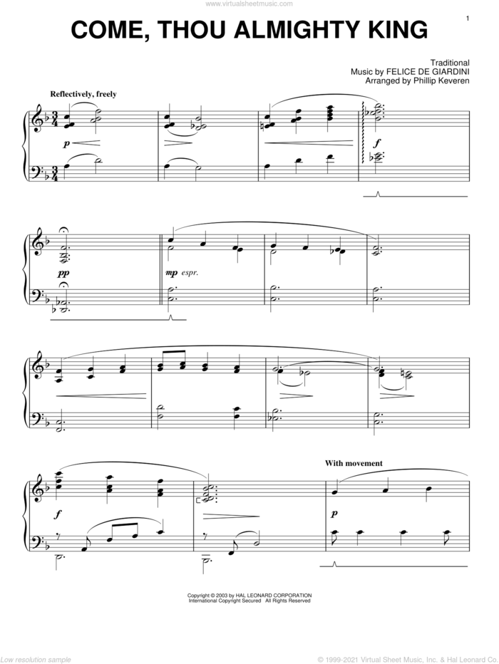 Come, Thou Almighty King (arr. Phillip Keveren) sheet music for piano solo by Felice de Giardini, Phillip Keveren and Miscellaneous, intermediate skill level