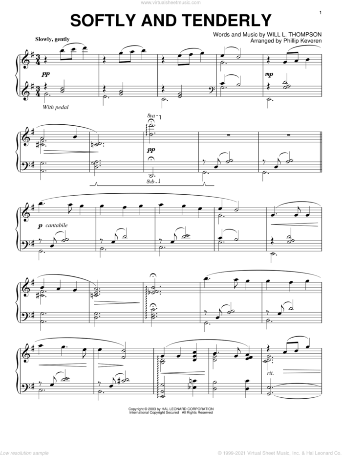 Softly And Tenderly (arr. Phillip Keveren), (intermediate) sheet music for piano solo by Will L. Thompson and Phillip Keveren, intermediate skill level