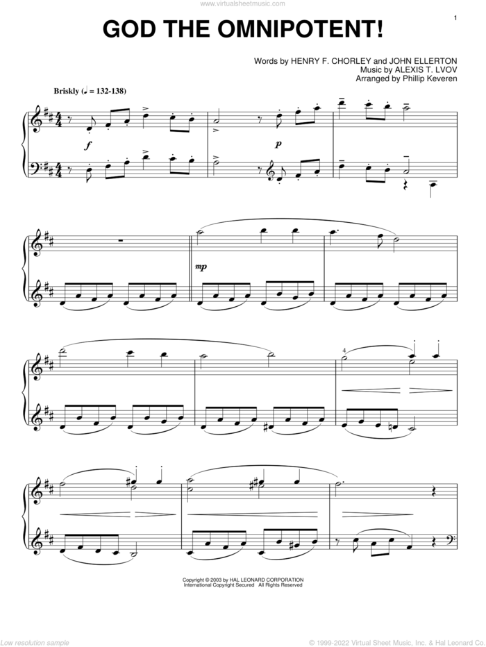 God The Omnipotent! (arr. Phillip Keveren) sheet music for piano solo by Henry F. Chorley, Phillip Keveren, Alexis T. Lvov and John Ellerton, intermediate skill level