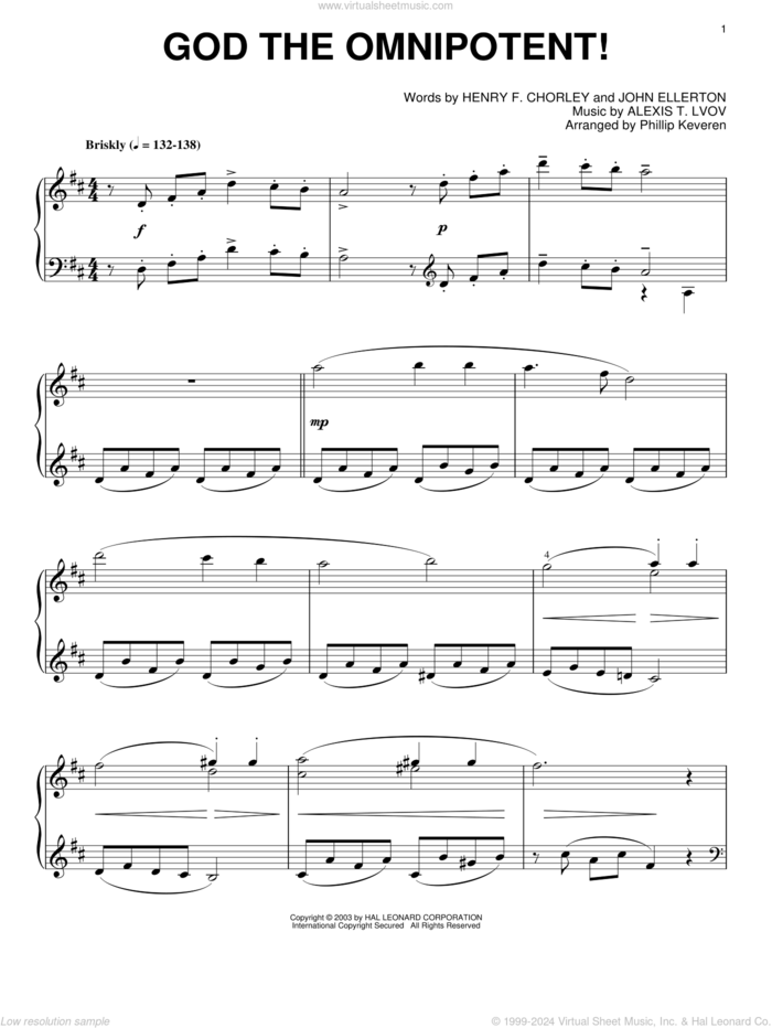 God The Omnipotent! (arr. Phillip Keveren) sheet music for piano solo by Henry F. Chorley, Phillip Keveren, Alexis T. Lvov and John Ellerton, intermediate skill level