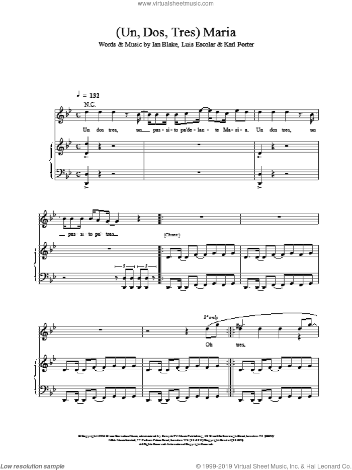 (Un, Dos, Tres) Maria sheet music for voice, piano or guitar by I Blake, Ricky Martin, K Porter and Luis Gomez Escolar, intermediate skill level