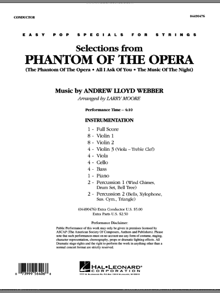 Selections from Phantom Of The Opera (COMPLETE) sheet music for orchestra by Andrew Lloyd Webber and Larry Moore, intermediate skill level