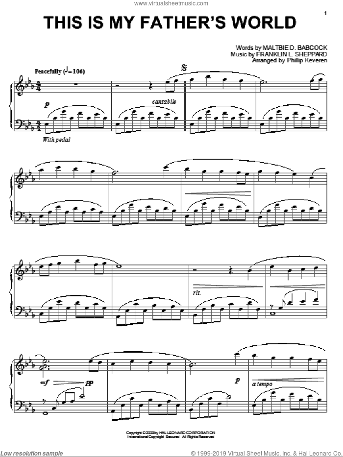 This Is My Father's World (arr. Phillip Keveren) sheet music for piano solo by Maltbie D. Babcock, Phillip Keveren and Franklin L. Sheppard, intermediate skill level