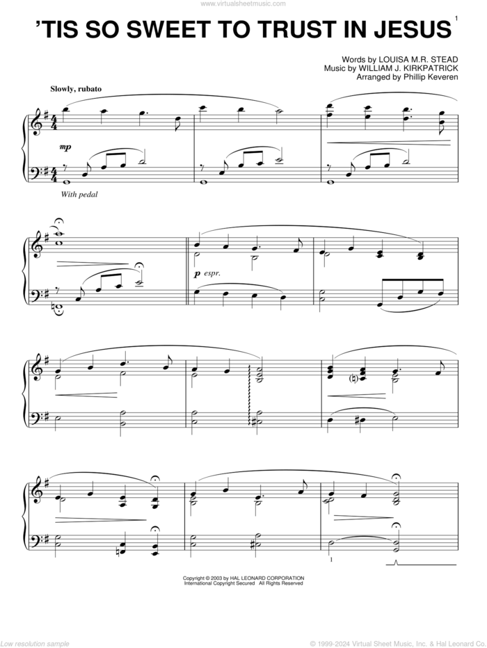 'Tis So Sweet To Trust In Jesus (arr. Phillip Keveren) sheet music for piano solo by Louisa M.R. Stead, Phillip Keveren and William J. Kirkpatrick, intermediate skill level