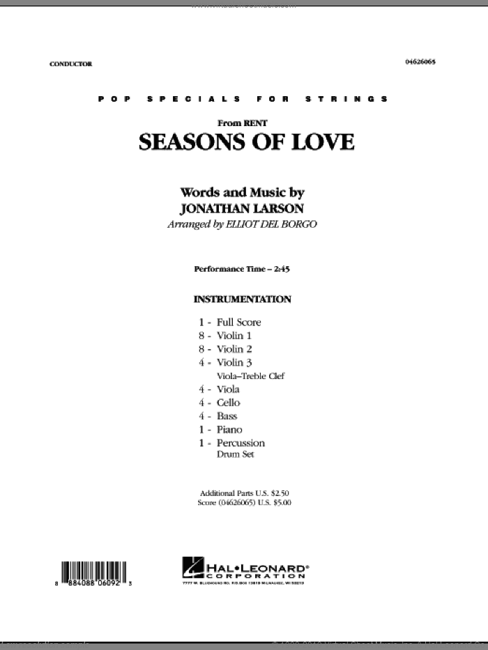 Seasons Of Love (COMPLETE) sheet music for orchestra by Jonathan Larson and Elliot Del Borgo, intermediate skill level