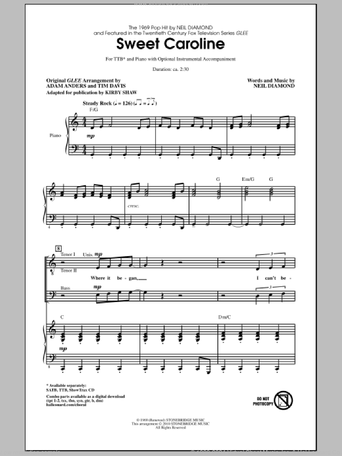 Sweet Caroline (Ed. Kirby Shaw) sheet music for choir (TTB: tenor, bass) by Neil Diamond, Glee Cast, Adam Anders, Kirby Shaw, Miscellaneous and Tim Davis, intermediate skill level
