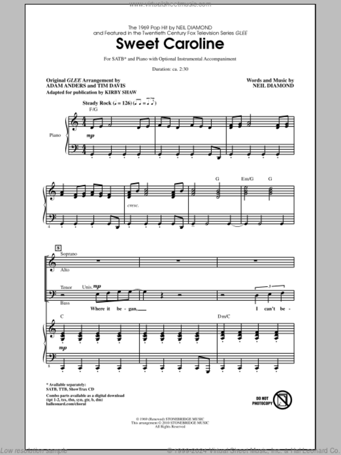 Sweet Caroline (Ed. Kirby Shaw) sheet music for choir (SATB: soprano, alto, tenor, bass) by Neil Diamond, Glee Cast, Adam Anders, Kirby Shaw, Miscellaneous and Tim Davis, intermediate skill level