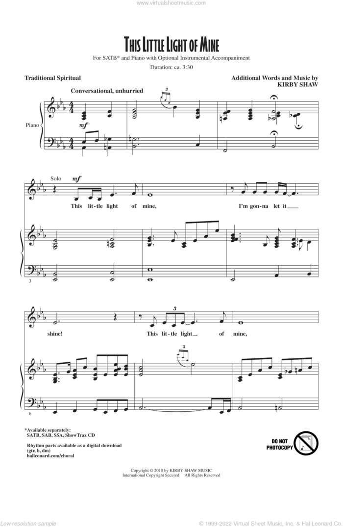 This Little Light Of Mine sheet music for choir (SATB: soprano, alto, tenor, bass) by Kirby Shaw, intermediate skill level