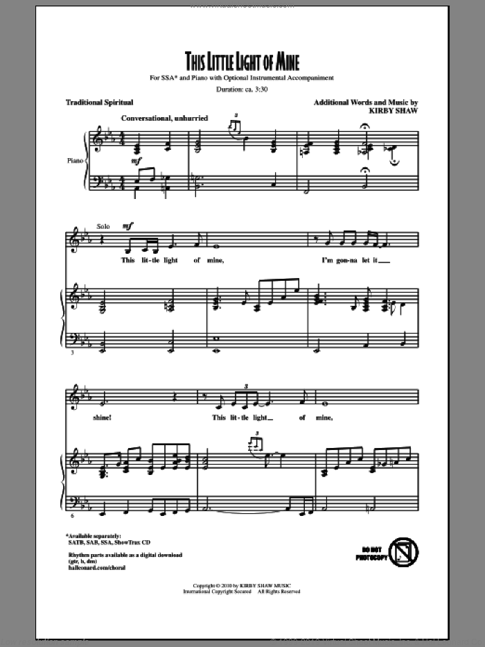 This Little Light Of Mine sheet music for choir (SSA: soprano, alto) by Kirby Shaw, intermediate skill level