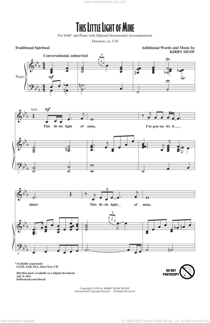 This Little Light Of Mine sheet music for choir (SAB: soprano, alto, bass) by Kirby Shaw, intermediate skill level