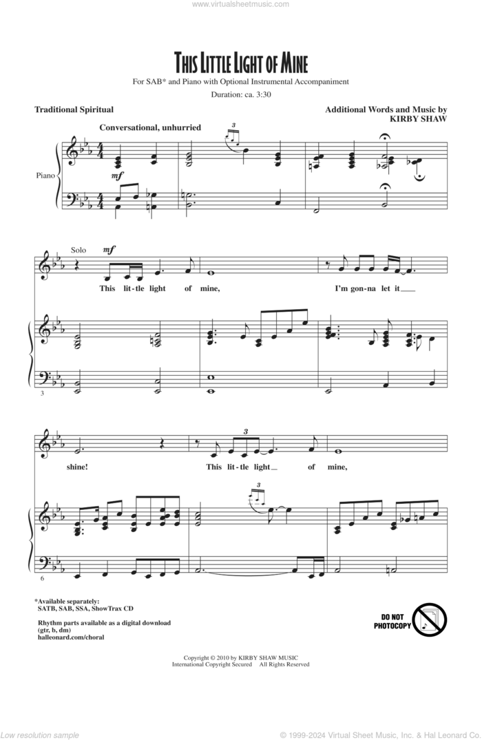 This Little Light Of Mine sheet music for choir (SAB: soprano, alto, bass) by Kirby Shaw, intermediate skill level