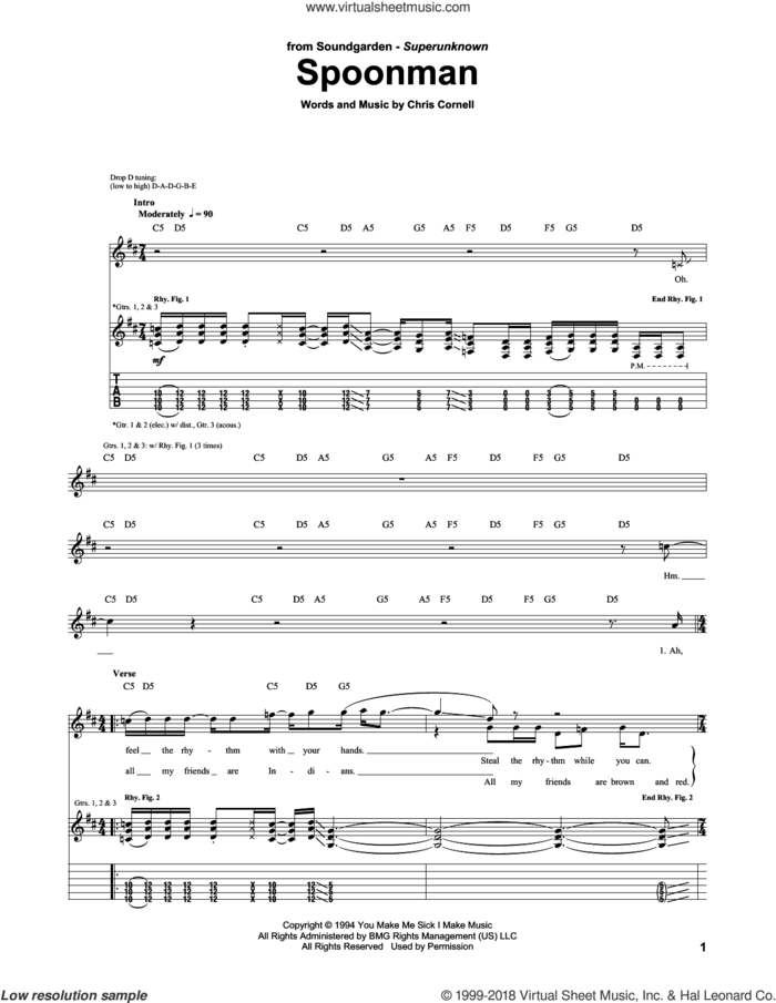 Spoonman sheet music for guitar (tablature) by Soundgarden and Chris Cornell, intermediate skill level