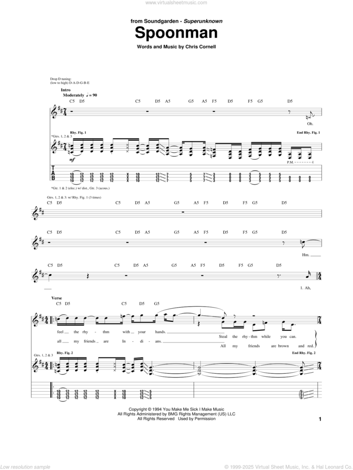 Spoonman sheet music for guitar (tablature) by Soundgarden and Chris Cornell, intermediate skill level