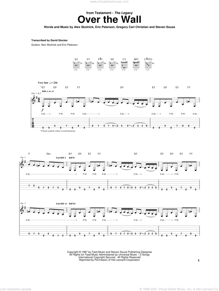 Over The Wall sheet music for guitar (tablature) by Testament, Alex Skolnick, Eric Peterson, Gregory Carl Christian and Steven Souza, intermediate skill level