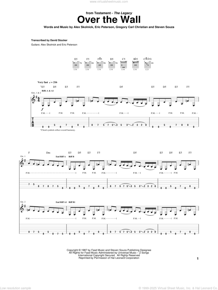 Over The Wall sheet music for guitar (tablature) by Testament, Alex Skolnick, Eric Peterson, Gregory Carl Christian and Steven Souza, intermediate skill level