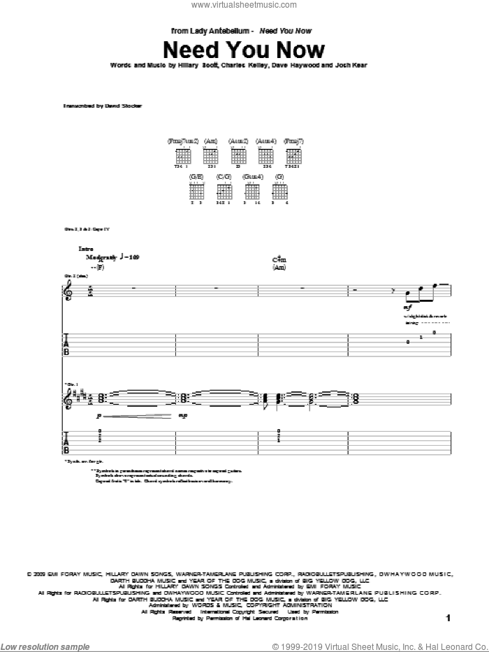 Need You Now sheet music for guitar (tablature) by Lady Antebellum, Lady A, Charles Kelley, Dave Haywood, Hillary Scott and Josh Kear, intermediate skill level