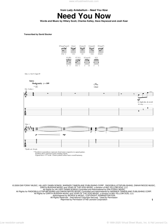 Need You Now sheet music for guitar (tablature) by Lady Antebellum, Lady A, Charles Kelley, Dave Haywood, Hillary Scott and Josh Kear, intermediate skill level