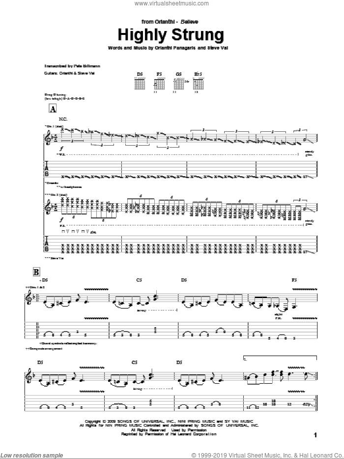 Highly Strung sheet music for guitar (tablature) by Orianthi, Orianthi Panagaris and Steve Vai, intermediate skill level