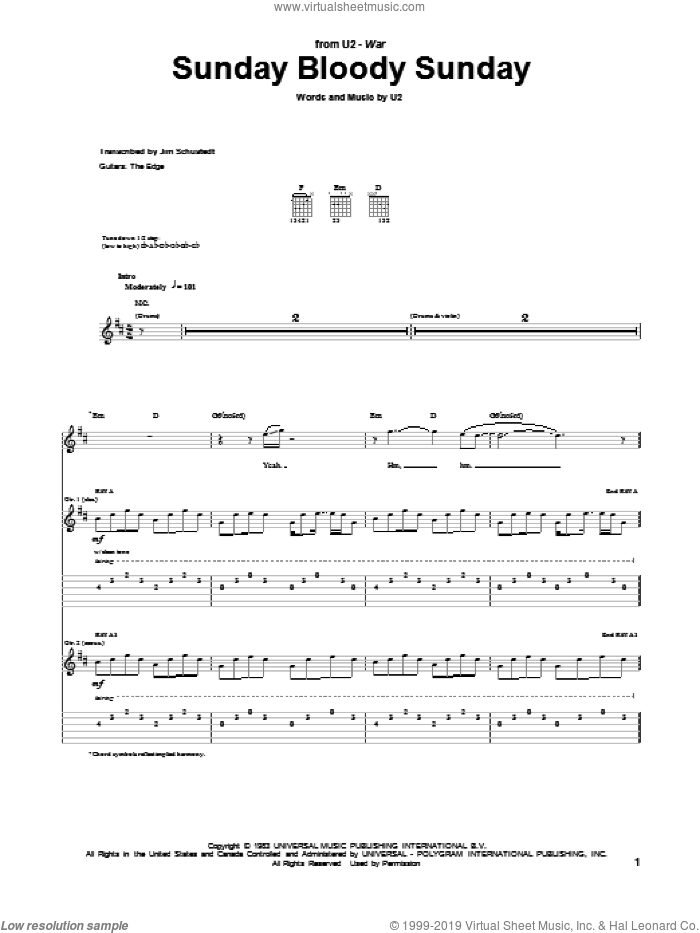 Sunday Bloody Sunday sheet music for guitar (tablature) by U2, Bono and The Edge, intermediate skill level