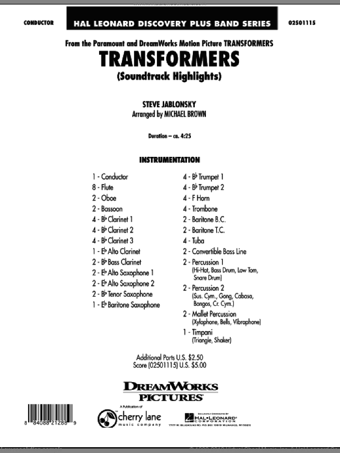 Transformers Soundtrack Highlights (COMPLETE) sheet music for concert band by Michael Brown and Steve Jablonsky, intermediate skill level