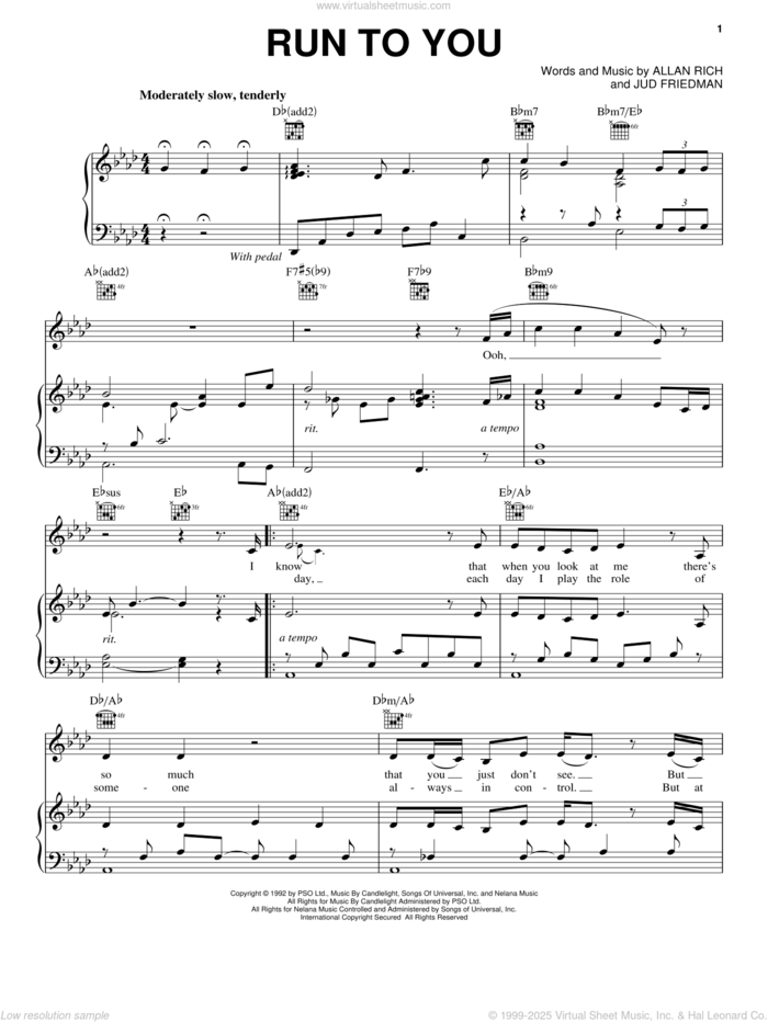 Run To You (from The Bodyguard) sheet music for voice, piano or guitar by Whitney Houston, Allan Rich and Jud Friedman, intermediate skill level