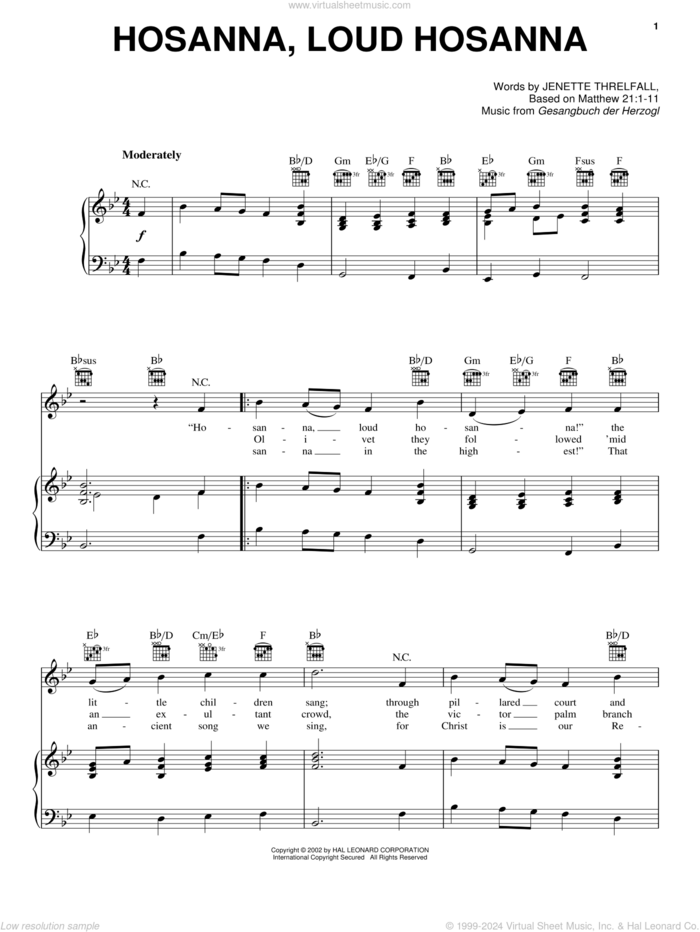 Hosanna, Loud Hosanna sheet music for voice, piano or guitar by Gesangbuch der Herzogl and Jennette Threlfall, intermediate skill level