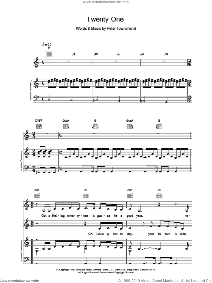 Twenty One sheet music for voice, piano or guitar by The Who and Pete Townshend, intermediate skill level