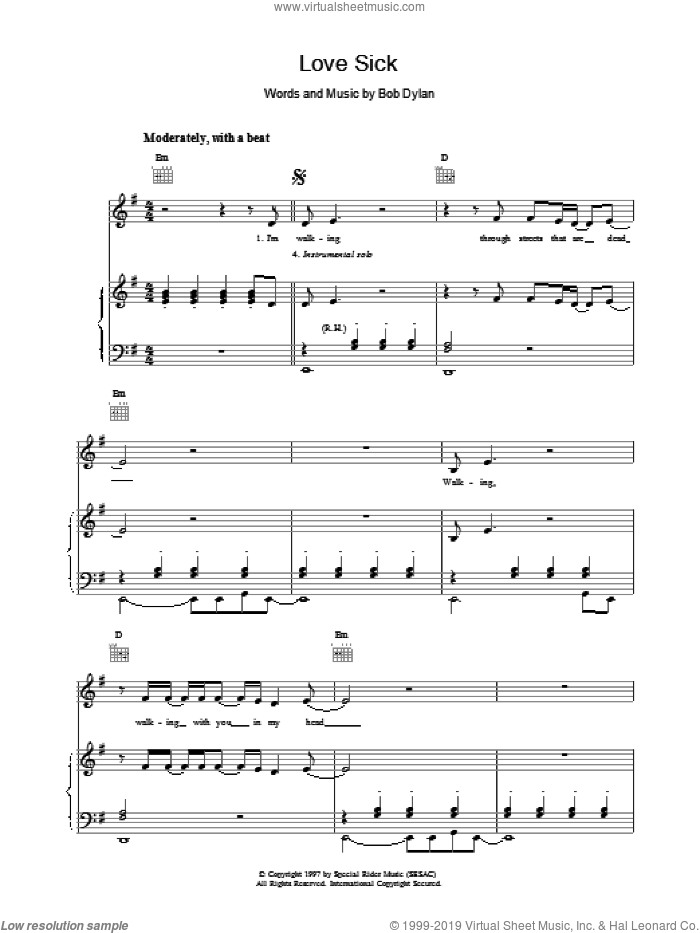 Love Sick sheet music for voice, piano or guitar by Bob Dylan, intermediate skill level