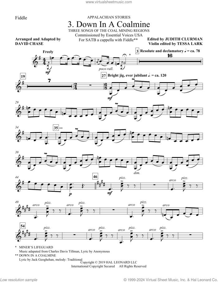 Down In A Coalmine (No. 3 from Appalachian Stories) sheet music for orchestra/band (fiddle/violin) by David Chase, Judith Clurman, Tessa Lark and Miscellaneous, intermediate skill level