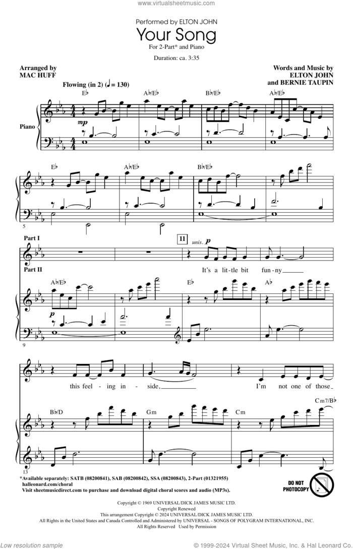 Your Song (arr. Mac Huff) sheet music for choir (2-Part) by Elton John, Mac Huff and Bernie Taupin, intermediate duet