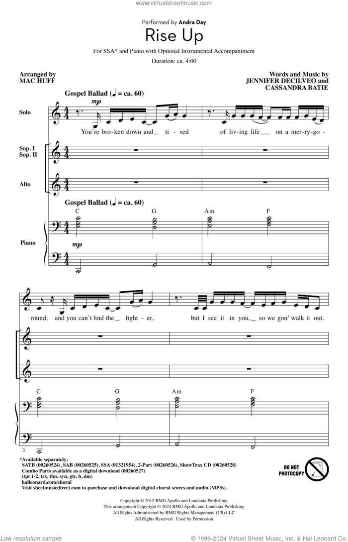 Rise Up (arr. Mac Huff) sheet music for choir (SSA: soprano, alto) by Andra Day, Mac Huff, Cassandra Batie and Jennifer Decilveo, intermediate skill level