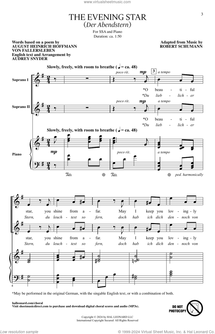 The Evening Star (Der Abendstern) sheet music for choir (SSA: soprano, alto) by Robert Schumann, Audrey Snyder and A.H. Hoffmann von Fallersleben, classical score, intermediate skill level