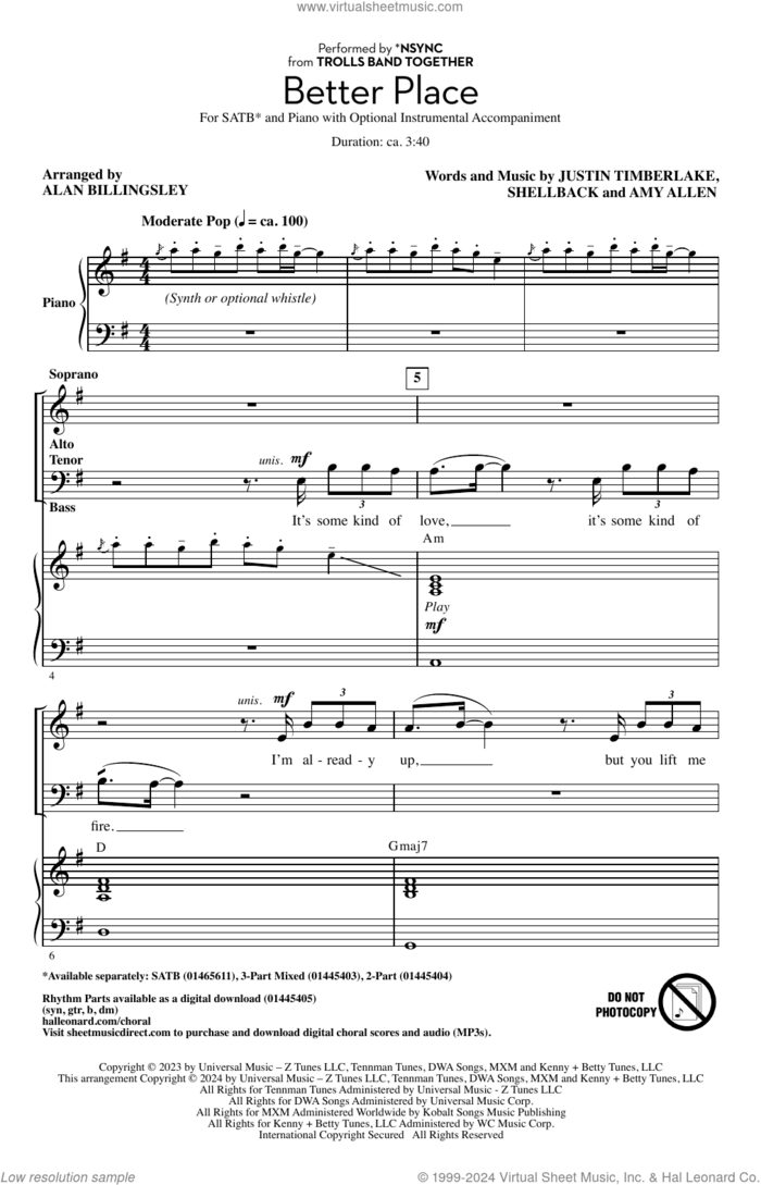 Better Place (arr. Alan Billingsley) sheet music for choir (SATB: soprano, alto, tenor, bass) by Justin Timberlake, Alan Billingsley, Amy Allen and Shellback, intermediate skill level