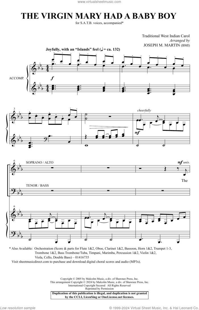The Virgin Mary Had A Baby Boy (arr. Joseph M. Martin) sheet music for choir (SATB: soprano, alto, tenor, bass) by Traditional West Indian Carol and Joseph M. Martin, intermediate skill level
