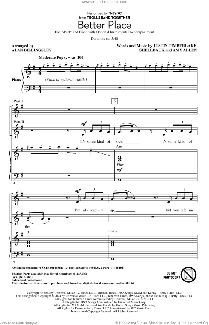 Better Place (arr. Alan Billingsley) sheet music for choir (2-Part) by Justin Timberlake, Alan Billingsley, Amy Allen and Shellback, intermediate duet