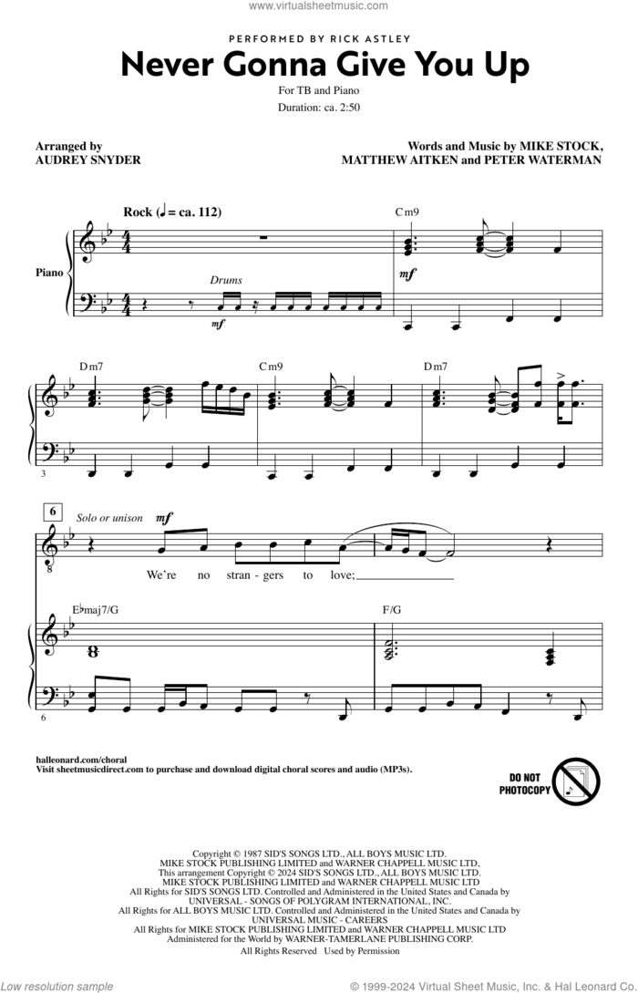 Never Gonna Give You Up (arr. Audrey Snyder) sheet music for choir (TB: tenor, bass) by Rick Astley, Audrey Snyder, Matthew Aitken, Mike Stock and Pete Waterman, intermediate skill level