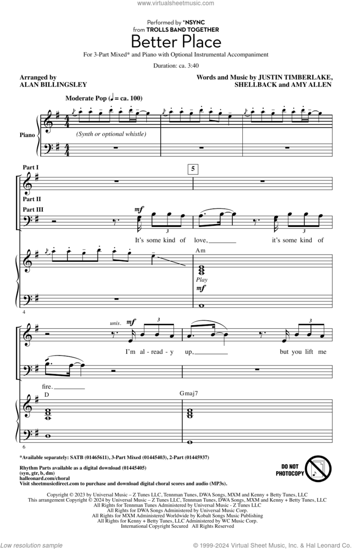 Better Place (arr. Alan Billingsley) sheet music for choir (3-Part Mixed) by Justin Timberlake, Alan Billingsley, Amy Allen and Shellback, intermediate skill level
