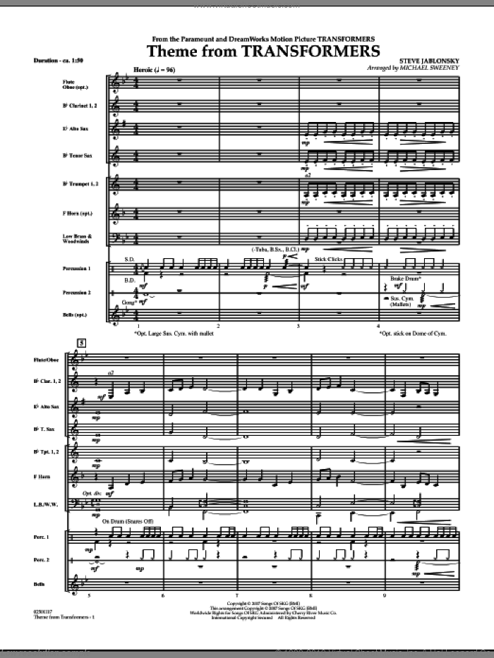 Theme From Transformers (COMPLETE) sheet music for concert band by Michael Sweeney and Steve Jablonsky, intermediate skill level