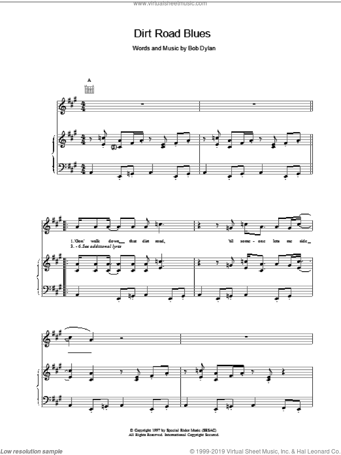 Dirt Road Blues sheet music for voice, piano or guitar by Bob Dylan, intermediate skill level